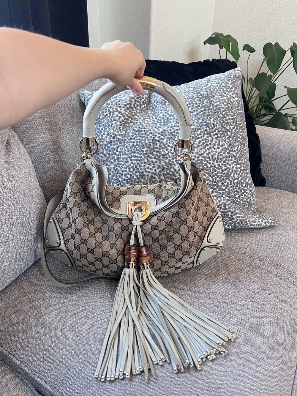 Gucci Indy Monogram GG Bamboo Tassel Hobo Beige Medium Shoulder Bag